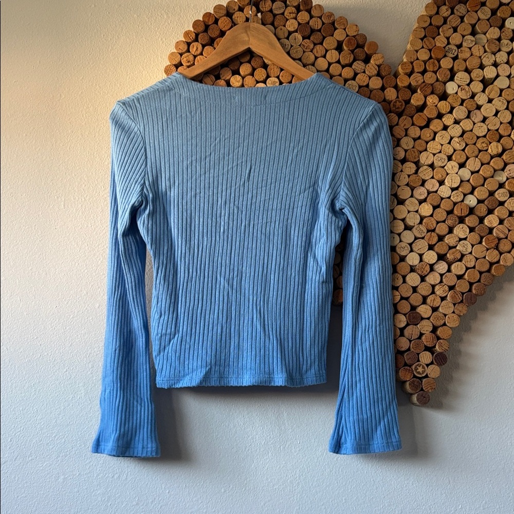 Reformation Blue Ribbed Button-Front V-Neck Sweater - Picture 5 of 9